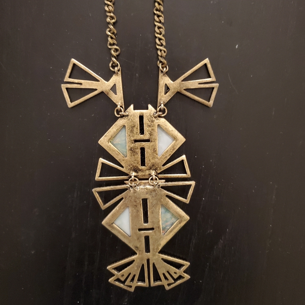 Baublebar art deco statement necklace, gold, green, black, cream, copper, stone - Picture 15 of 15